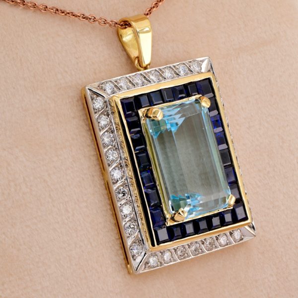 Vintage 17.50ct Aquamarine Sapphire Diamond Cluster Pendant