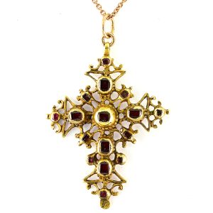 Georgian Antique Garnet and Ruby Set Gold Cross Pendant