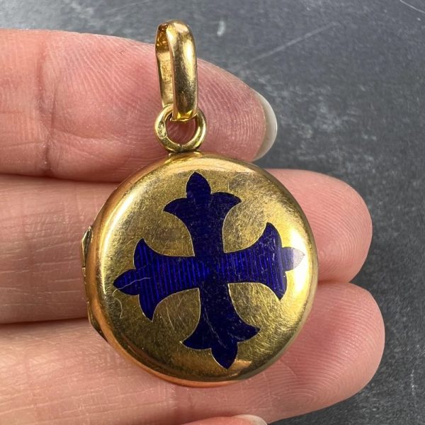 Vintage French Blue Enamel and Gold Cross Locket Pendant