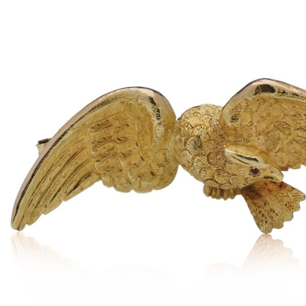 Antique French 22ct Yellow Gold Flying Eagle Brooch with Ruby Eye, Circa 1900s