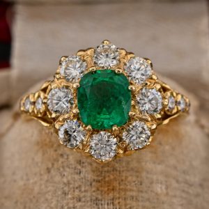 Vintage 1.30ct Colombian Emerald and 1.60ct Diamond Cluster Engagement Ring in 18ct Yellow Gold