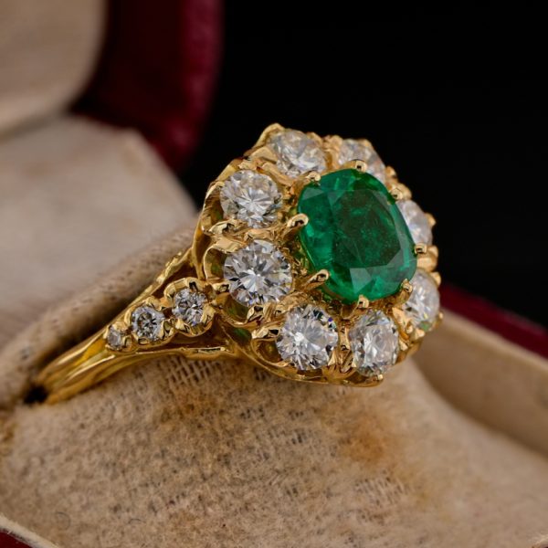 Vintage 1.30ct Cushion Cut Colombian Emerald and 1.60ct Diamond Cluster Engagement Ring in 18ct Yellow Gold