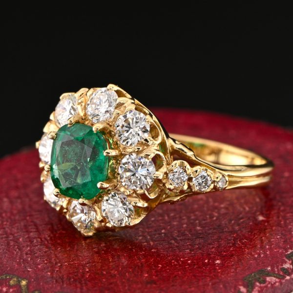 Vintage 1.30ct Cushion Cut Colombian Emerald and 1.60ct Diamond Cluster Engagement Ring in 18ct Yellow Gold
