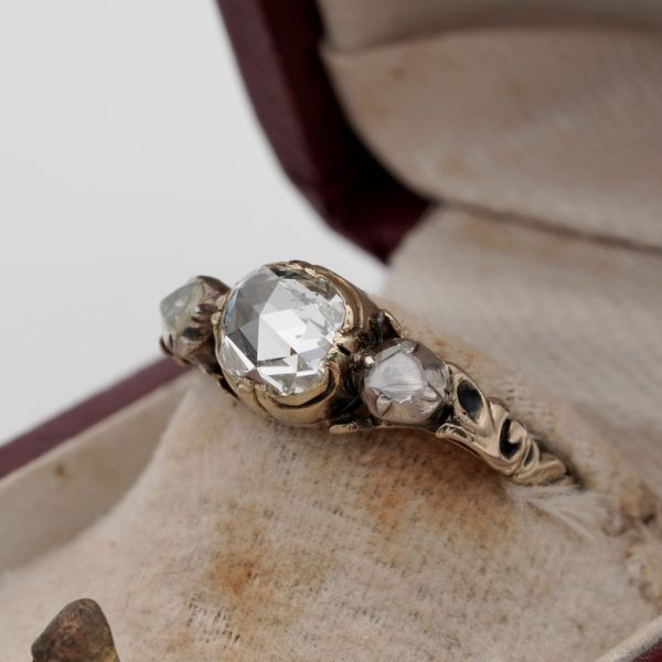 Late Georgian Early Victorian Antique 1ct Rose Cut Diamond Three Stone Engagement Ring