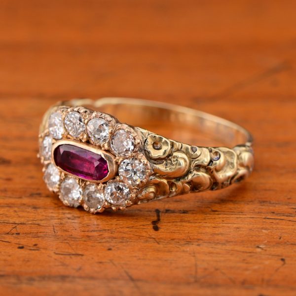 Antique Regency Natural No Heat Ruby and Old Mine Cut Diamond Cluster Memorial Ring in 18ct Yellow Gold Scroll Embossed Work