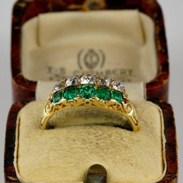 Antique Victorian Colombian Emerald and Old Mine Cut Diamond Double Row Five Stone Ring, Late 19th century, Circa 1870