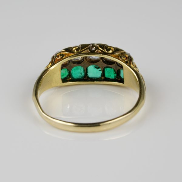 Antique Victorian Colombian Emerald and Old Mine Cut Diamond Double Row Five Stone Ring, Late 19th century, Circa 1870