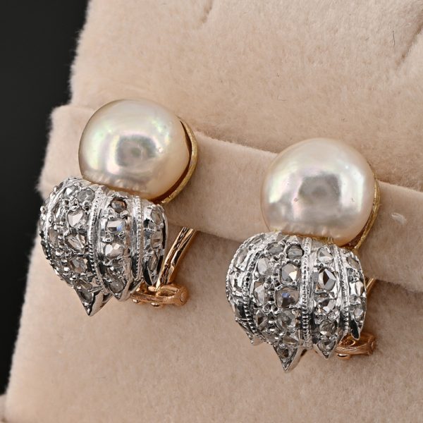 Vintage Buccellati Natural Pearl and Rose Cut Diamond Clip Earrings