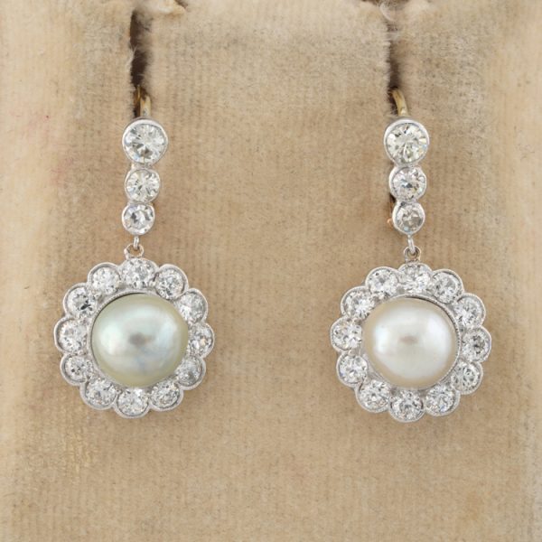 Antique Edwardian Pearl and Diamond Cluster Drop Earrings