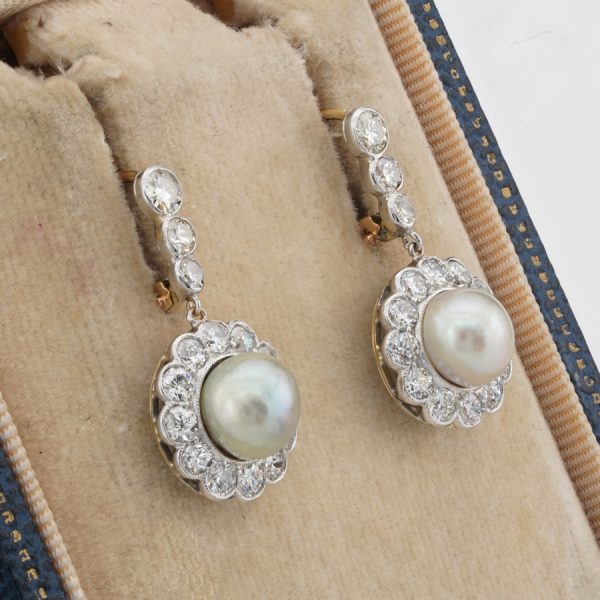 Antique Edwardian Pearl and Diamond Cluster Drop Earrings in Platinum and 18ct Gold