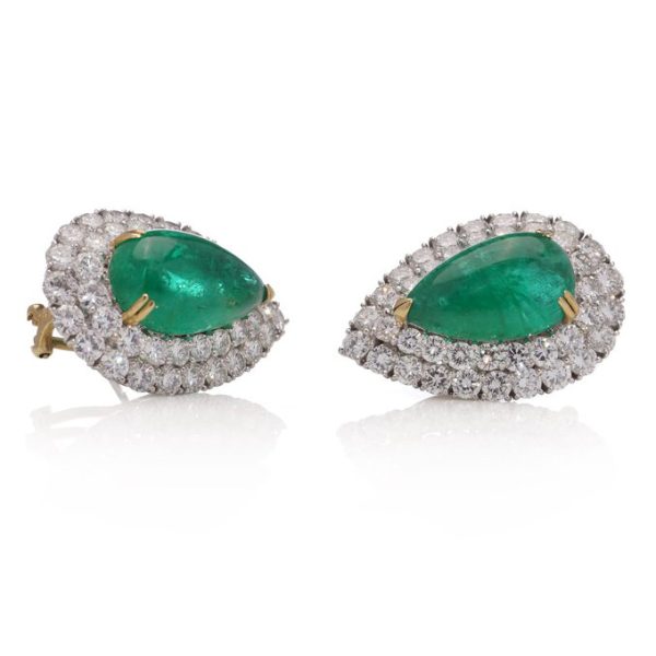 Pear Cabochon Cut Emerald and Diamond Double Cluster Earrings, Emeralds 23.36 carats Diamond 10.03 carats