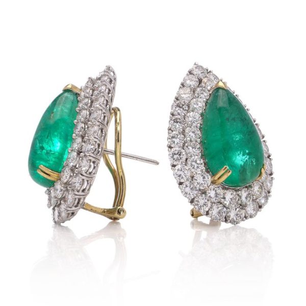 Pear Cabochon Cut Emerald and Diamond Double Cluster Earrings, Emeralds 23.36 carats Diamond 10.03 carats