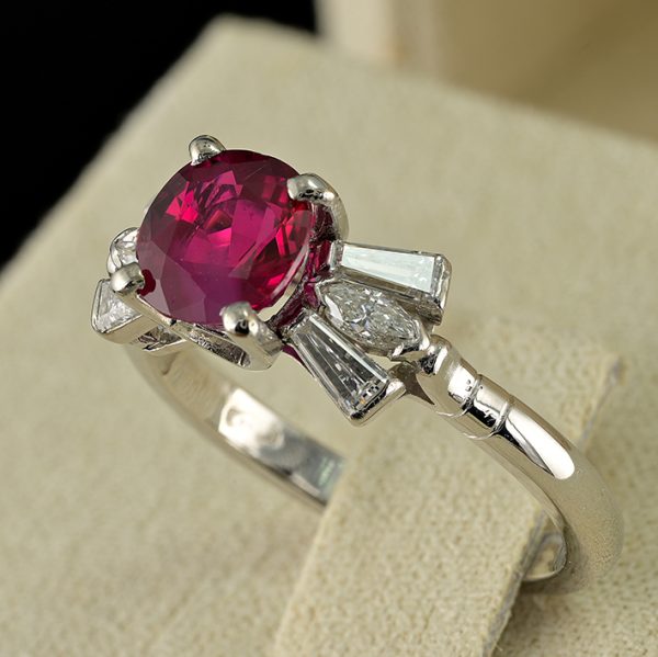 Vintage Certified 1.62ct Natural Burmese Ruby and Diamond Bow Cluster Engagement Ring