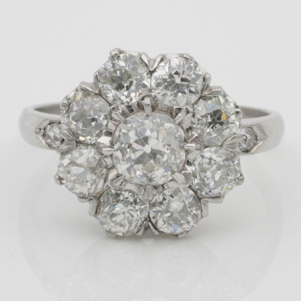 Edwardian Antique 3.15ct Old Cut Diamond Daisy Flower Cluster Engagement Ring in Platinum