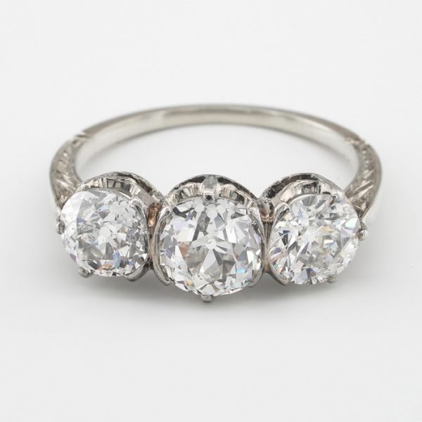 Edwardian Antique 3.02ct Old Cut Diamond Three Stone Engagement Ring