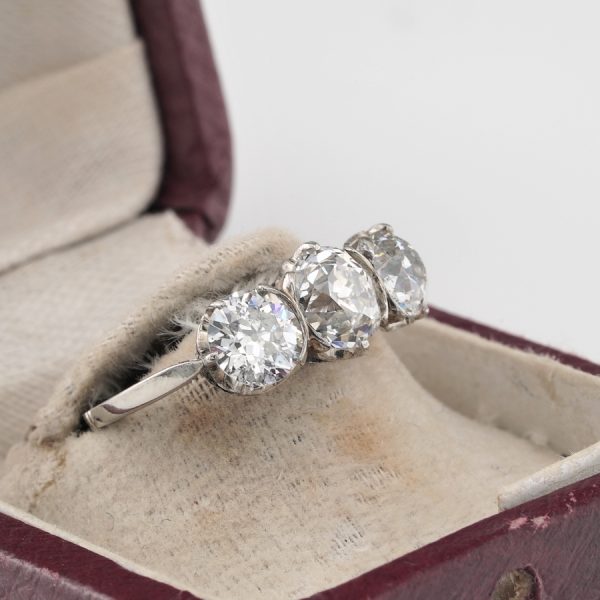 Edwardian Antique Old European Cut Diamond Three Stone Engagement Ring, 3.02 carat total