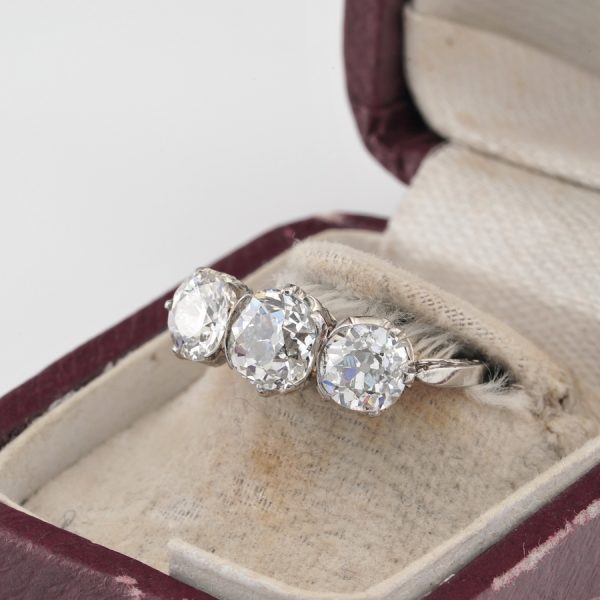 Edwardian Antique Old Cut Diamond Three Stone Engagement Ring, 3.02 carats
