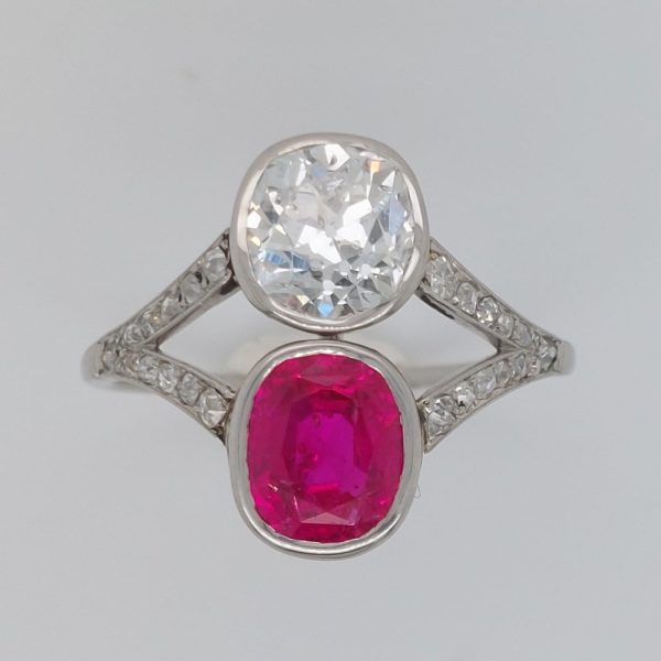 Antique 2.50ct Burma Ruby and Old Cut Diamond Two Stone Ring
