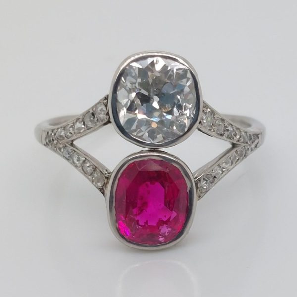 Antique 2.50ct Burma Ruby and Old Cut Diamond Two Stone Ring