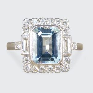 Art Deco Inspired Aquamarine and Diamond Cluster Ring