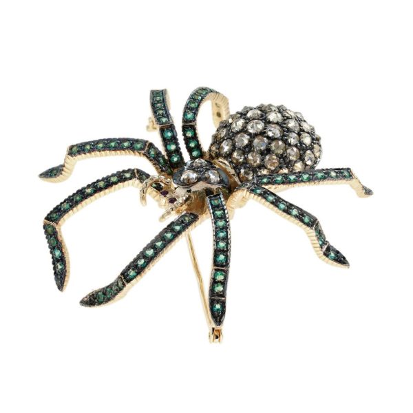 Diamond Emerald Ruby Vintage Style Spider Insect Brooch