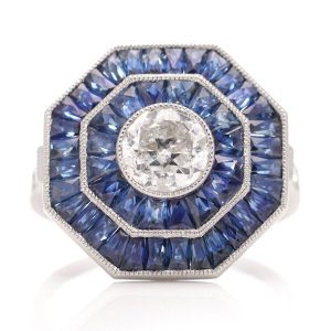 Art Deco Inspired 0.42ct Diamond and Sapphire Octagonal Cluster Ring in Platinum