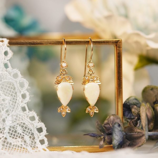 Decorative Opal and Diamond Drop Earrings in Yellow Gold