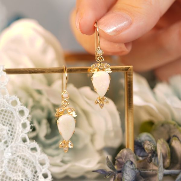 Decorative Opal and Diamond Drop Earrings in Yellow Gold