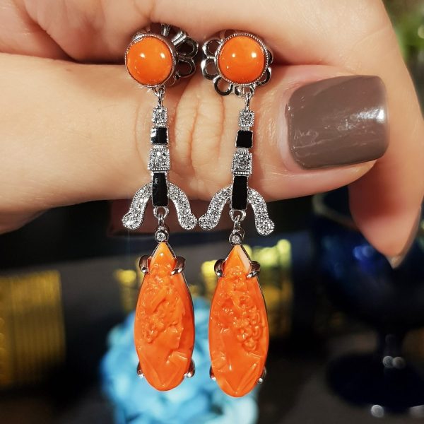 Carved Coral Black Enamel and Diamond Drop Earrings
