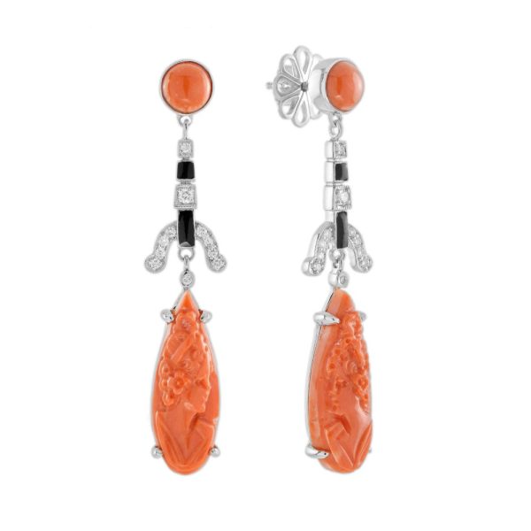 Carved Coral Black Enamel and Diamond Drop Earrings