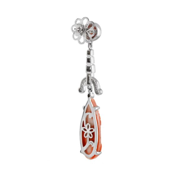 Carved Coral Black Enamel and Diamond Drop Earrings