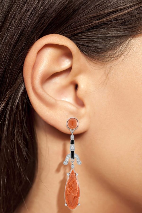 Carved Coral Black Enamel and Diamond Drop Earrings