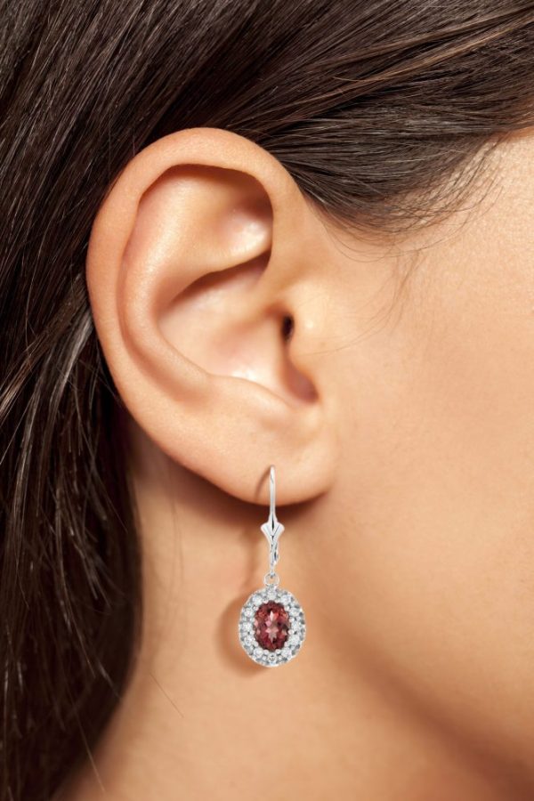 2ct Oval Pink Tourmaline and Diamond Cluster Drop Earrings in 18ct White Gold with Lever Back Fittings