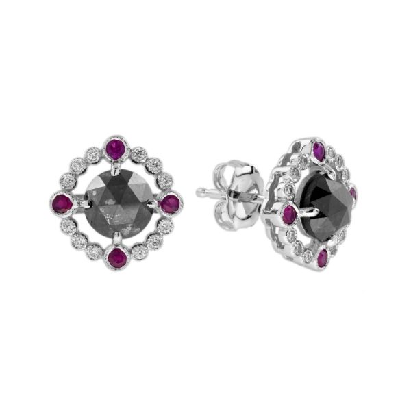 2ct Rose Cut Black Diamond White Diamond and Ruby Halo Cluster Stud Earrings
