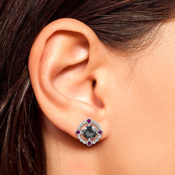 2ct Rose Cut Black Diamond White Diamond and Ruby Halo Cluster Stud Earrings