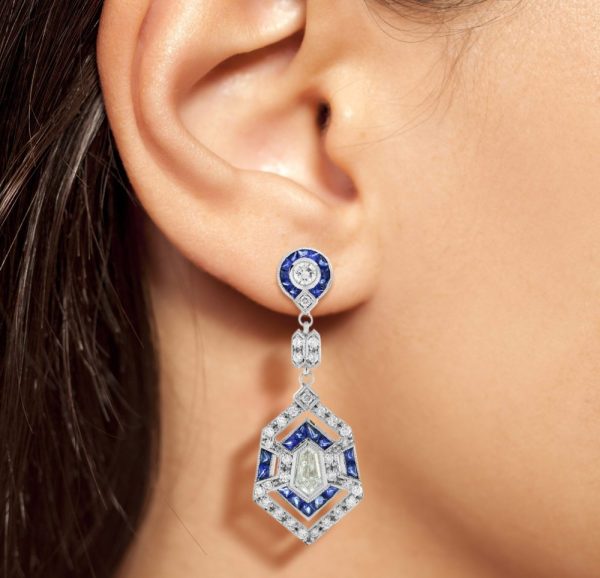 Art Deco Inspired Sapphire and Diamond Drop Earrings