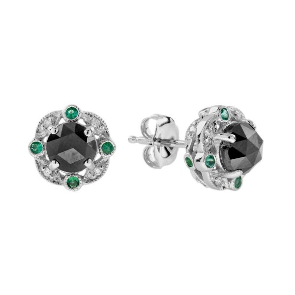 1.95ct Black Diamond White Diamond and Emerald Cluster Stud Earrings