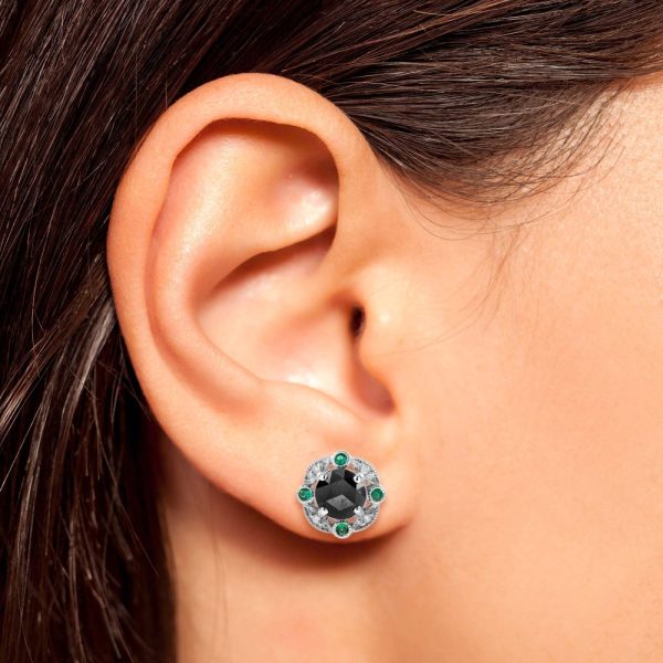 1.95ct Black Diamond White Diamond and Emerald Cluster Stud Earrings