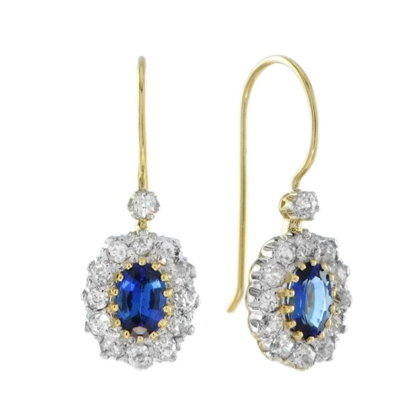 1.20ct Oval Ceylon Sapphire and Old Cut Diamond Cluster Drop Earrings