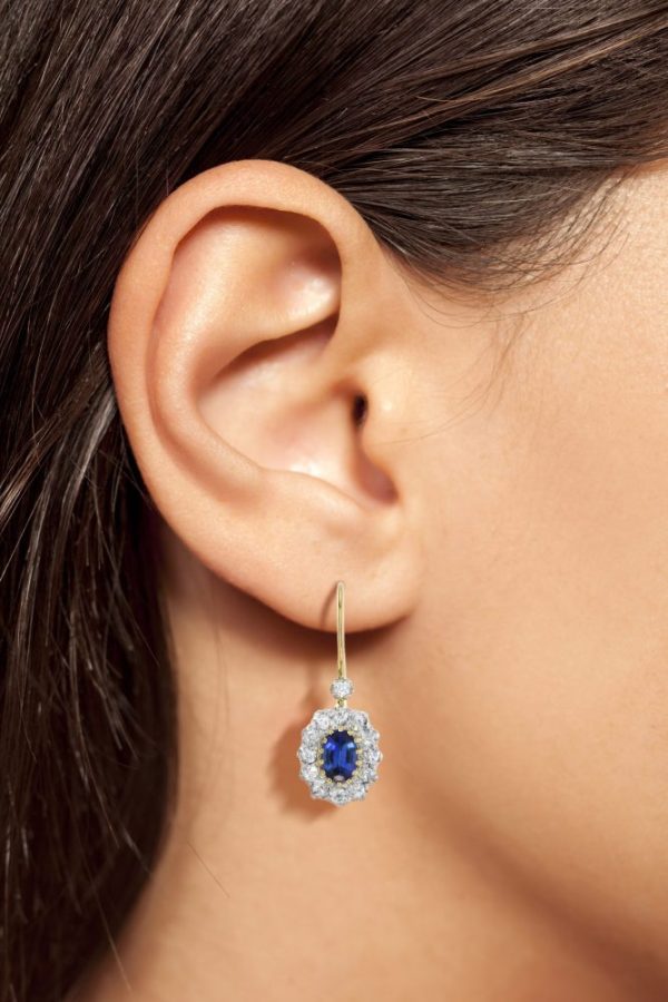 1.20ct Ceylon Sapphire and Old Cut Diamond Oval Cluster Drop Earrings