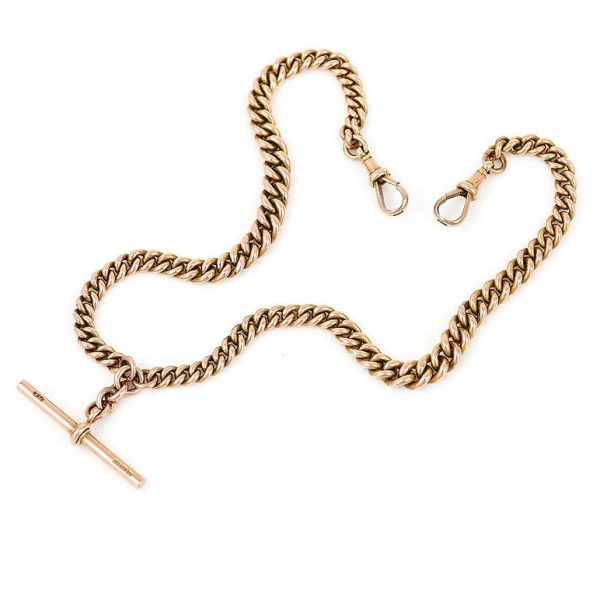 Edwardian Antique 9ct Rose Gold Curb Link Albert Chain Necklace with T-Bar and Two Swivel Clasps