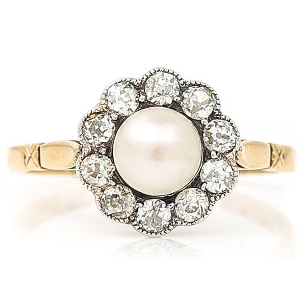 Antique Edwardian Pearl and Old Cut Diamond Cluster Engagement Ring