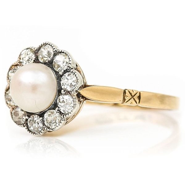 Antique Edwardian Pearl and Old Cut Diamond Cluster Engagement Ring