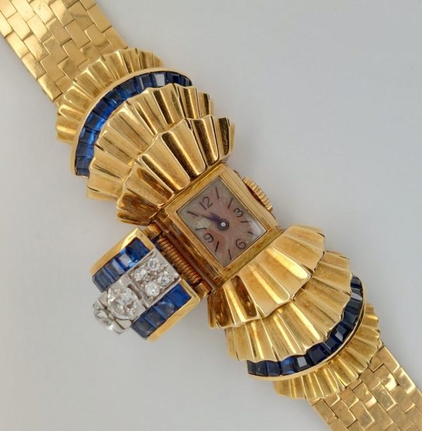 French Vintage Sapphire and Diamond Bow Bracelet Wristwatch