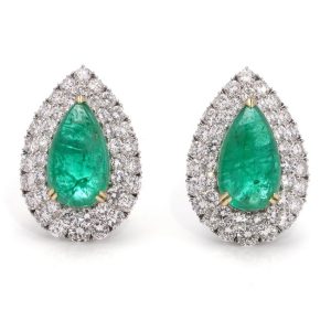 Pear Cabochon Emerald and Diamond Cluster Earrings, 23.36 carats