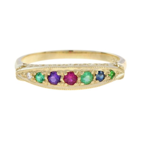 Antique Style Multi Gemstone Half Eternity Band Ring in Yellow Gold