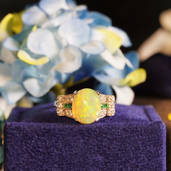 Art Deco Inspired 2.46ct Opal Emerald and Diamond Dress Ring