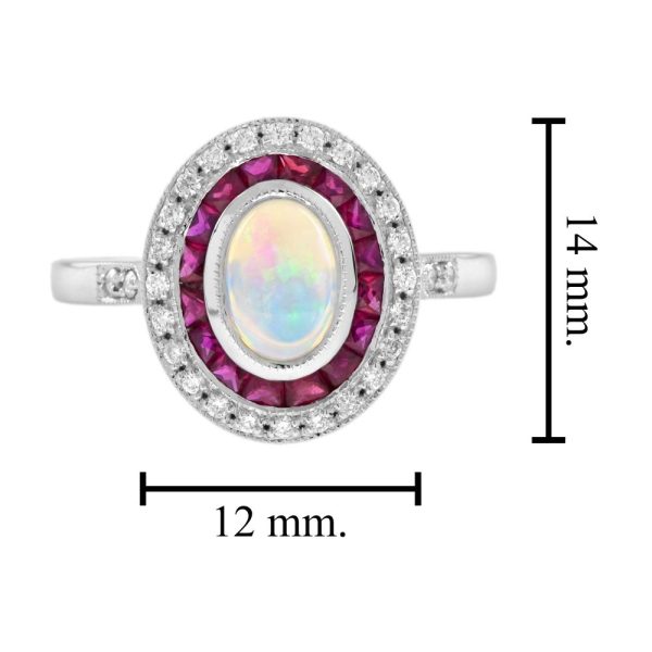 Australian Opal Ruby and Diamond Halo Cluster Ring