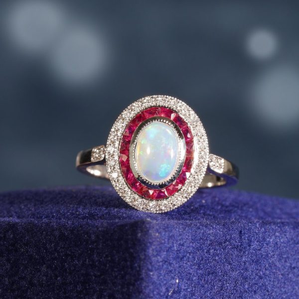 Australian Opal Ruby and Diamond Halo Cluster Ring