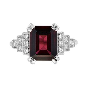 4.10ct Emerald Cut Rhodolite and Diamond Engagement Ring